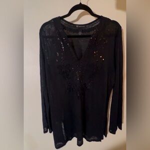 Inc International Black Embellished V-Neck Long Sleeve Top Beach Cover Up
